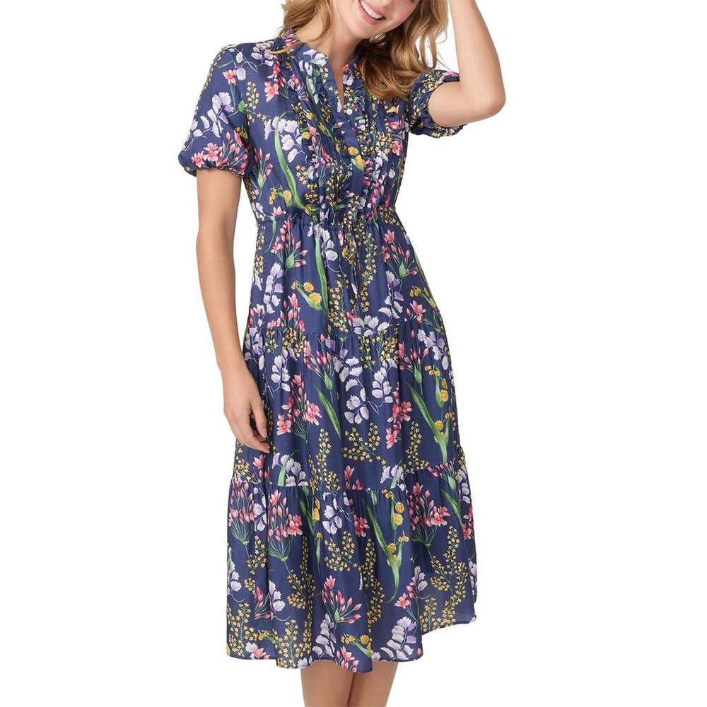J.McLaughlin Silk Blend Floral Tiered Midi Dress Navy Blue Puff Sleeve Size M